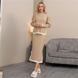 Khaki Long Sleeve Patchwork Knitted Two Pieces Women Fashion Outfits Skirt Sets