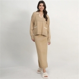 Khaki Long Sleeve Knitted Pullover Two Pieces Fashion Slim Formal Skirt Dress