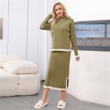 Green Long Sleeve Patchwork Knitted Two Pieces Women Fashion Outfits Skirt Sets