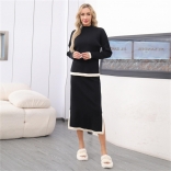 Black Long Sleeve Patchwork Knitted Two Pieces Women Fashion Outfits Skirt Sets