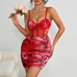 Red Print Halter Low Cut Sexy Underwire Steel Pleated Bodycon Mini Dress
