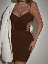 Coffee Halter Low Cut Sexy Underwire Steel Pleated Bodycon Mini Dress