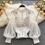 White Embroidered Lace Mesh Lantern Sleeve Slim Short Top for Women  Sling Vest 2PCS