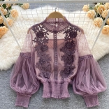 Purple Embroidered Lace Mesh Lantern Sleeve Slim Short Top for Women Sling Vest 2PCS