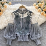 Gray Embroidered Lace Mesh Lantern Sleeve Slim Short Top for Women Sling Vest 2PCS