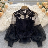 Black Embroidered Lace Mesh Lantern Sleeve Slim Short Top for Women Sling Vest 2PCS