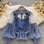 Blue Embroidered Lace Mesh Lantern Sleeve Slim Short Top for Women Sling Vest 2PCS