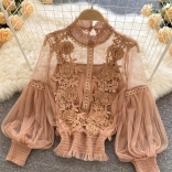 Khaki Embroidered Lace Mesh Lantern Sleeve Slim Short Top for Women Sling Vest 2PCS