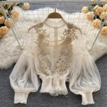 Apricot Embroidered Lace Mesh Lantern Sleeve Slim Short Top for Women Sling Vest 2PCS