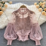 Dark Pink Embroidered Lace Mesh Lantern Sleeve Slim Short Top for Women Sling Vest 2PCS