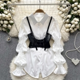 White Puff Sleeve Shirt with Strap Waistband Cover Vest Casual Dress Skirts