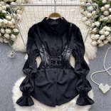 Black Puff Sleeve Shirt with Strap Waistband Cover Vest Casual Dress Skirts