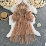 Khaki Embroidered Floral Elegant Mesh Sleeve Slim Fit Two Piece Vest Long Dress Sets