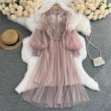 Pink Embroidered Floral Elegant Mesh Sleeve Slim Fit Two Piece Vest Long Dress Sets