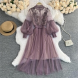 Purple Embroidered Floral Elegant Mesh Sleeve Slim Fit Two Piece Vest Long Dress Sets