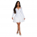 White Long Sleeve Button Low Cut Sexy Pleated Women Skirt Dress