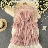 Pink Long Sleeve Sequins Pleated Ruffles Fashion Cute Midi Skirt Dress