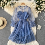 Blue Long Sleeve Sequins Pleated Ruffles Fashion Cute Midi Skirt Dress