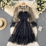 Black Mesh Long Sleeve Sequins Pleated Ruffles Fashion Cute Midi Skirt Dress