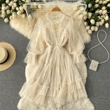 Apricot Mesh Long Sleeve Sequins Pleated Ruffles Fashion Cute Midi Skirt Dress