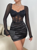 Black Mesh Long Sleeve Low Cut Lace Underwire Fishb Bodycon Pleated Bodycon Dress