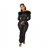 Black Long Sleeve Fur Two Pieces Bodycon Women Casual Pant Sets