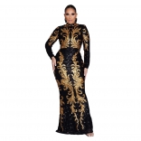 Black Gold Long Sleeve Sequins Bodycon Elegant Women Evening Prom Formal Long Dress