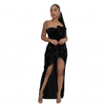 Black Off Shoulder Sleeveless Sequins Slit Bodycon Maxi Club Dress