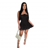 Black Off Shoulder Lace Hollow Out Sexy Party Mini Skirt Dress