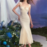 White Sleeveless Straps Lace Pearl Tassels Bodycon Pleated Formal Long Dress
