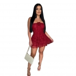 Red Off Shoulder Lace Hollow Out Sexy Party Mini Skirt Dress