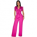 Rose Red Lace V Neck Hollow Out Sexy Bodycon Women Elegant Jumpsuit