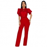 Red Short Sleeve Lace Embroidered Elegant Women Bodycon Prom Sexy Jumpsuit