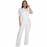 White Short Sleeve Lace Embroidered Elegant Women Bodycon Prom Sexy Jumpsuit