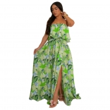 Green Off Shoulder Print Ruffles Women Fashion Floral Maxi Dress