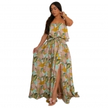 Beige Off Shoulder Print Ruffles Women Fashion Floral Maxi Dress