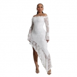 White Off Shoulder Lace Hollow Out Sexy Party Evening Bodycon Irregular Maxi Dress
