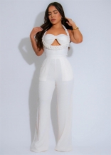 White Weaving Straps Low Cut Bodycon Women Party Casual Straight Sexy Jumpsuit