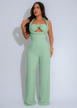 Green Weaving Straps Low Cut Bodycon Women Party Casual Straight Sexy Jumpsuit