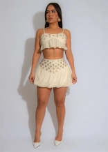 Beige Low Cut Straps Ruffles Tank Top Bodycon Women Short Skirt Dress