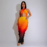 Orange Sleeveless Bandage Printed Ruffles Women Party Midi Dress