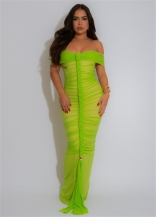 Green Off Shoulder Mesh Pleated Weaving Fashion Sexy Women Evening Club Long Dress