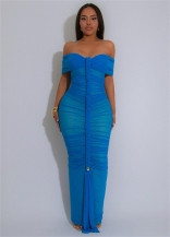 Blue Off Shoulder Mesh Pleated Weaving Fashion Sexy Women Evening Club Long Dress