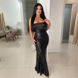 Black Off Shoulder Pleated Sequins Women Lace Up Sexy Evening Long Dress