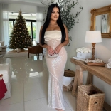 White Black Off Shoulder Pleated Sequins Women Lace Up Sexy Evening Long Dress