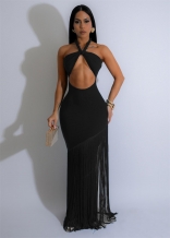 Black Sleeveless Halter Hollow Out Tassels Bodycon Evening Long Dress