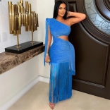 Blue Sleeveless Tassels Cut Out Women Party Sexy Long Dress