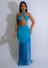 Blue Sleeveless Halter Hollow Out Tassels Bodycon Evening Long Dress