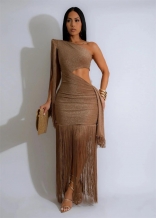 Khaki Sleeveless Tassels Cut Out Women Party Sexy Long Dress
