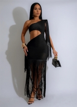 Black Sleeveless Tassels Cut Out Women Party Sexy Long Dress